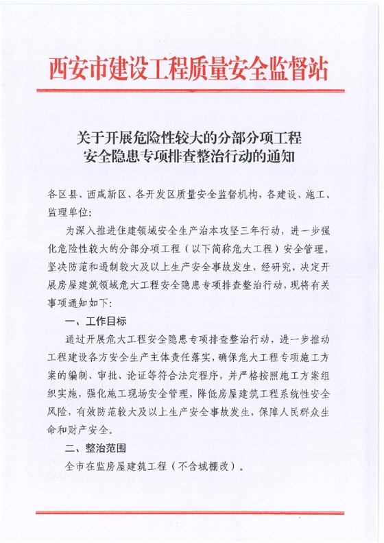 關于開展危險性較大的分部分項工程安全隱患專項排查整治行動的通知_00.png